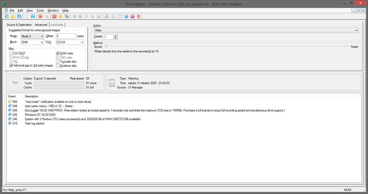 Impostazioni avanzate per la masterizzazione di file immagine .CDI per Dreamcast in DiscJuggler 6