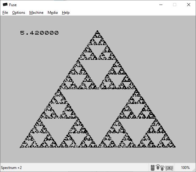 Triangolo di Sierpinski (chaos game) su ZX Spectrum. Tempo di esecuzione: 5.42 secondi per 10000 iterazioni.