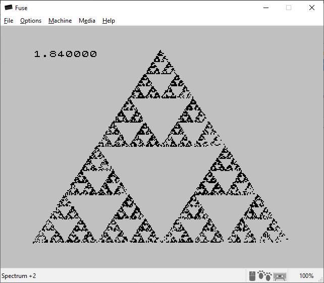 Triangolo di Sierpinski (chaos game) su ZX Spectrum. Tempo di esecuzione: 1.84 secondi per 10000 iterazioni.